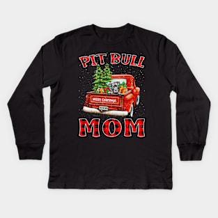 Christmas Pit Bull Mom Santa Hat Truck Tree Plaid Dog Mom Christmas Kids Long Sleeve T-Shirt